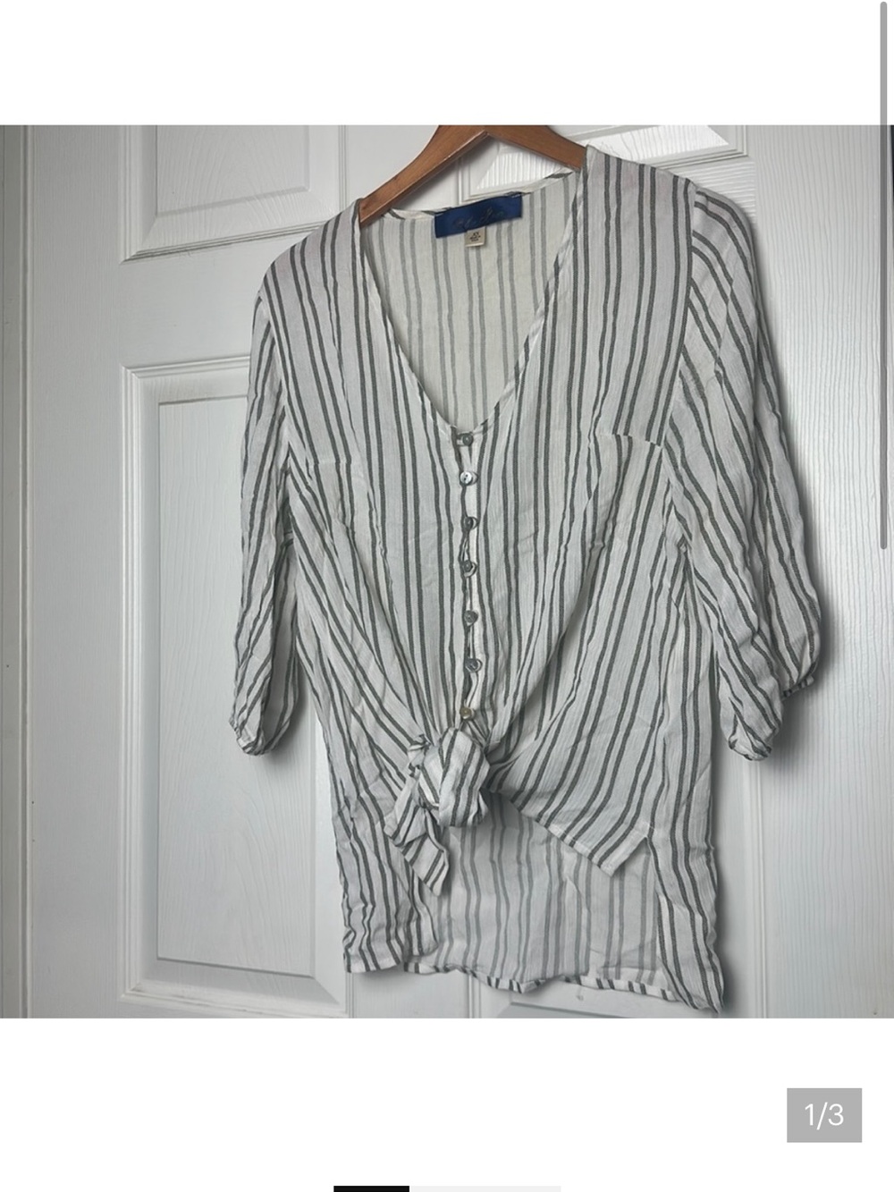 Francesca’s White Olive Striped Tie Front Blouse Breezy Button Up Summer Top